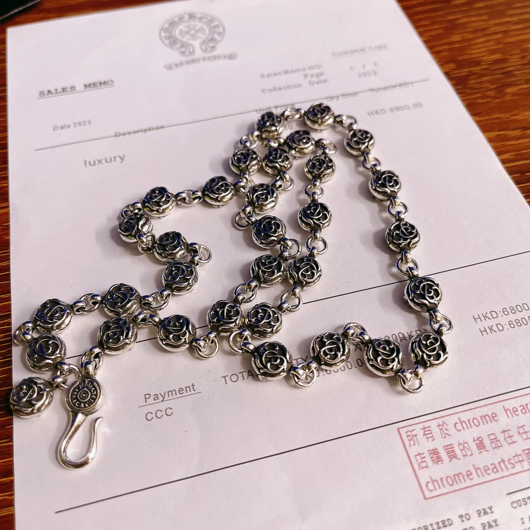 Chrome Hearts Silver Rose Chain Necklace